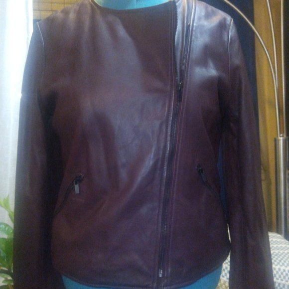 Neiman Marcus The Leather Collection Moto Jacket Burgundy Sz L NWT - Picture 15 of 15